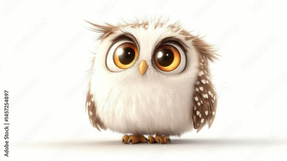 Naklejka premium Adorable, round cartoon owl with fluffy white feathers and big brown eyes. Cute bird