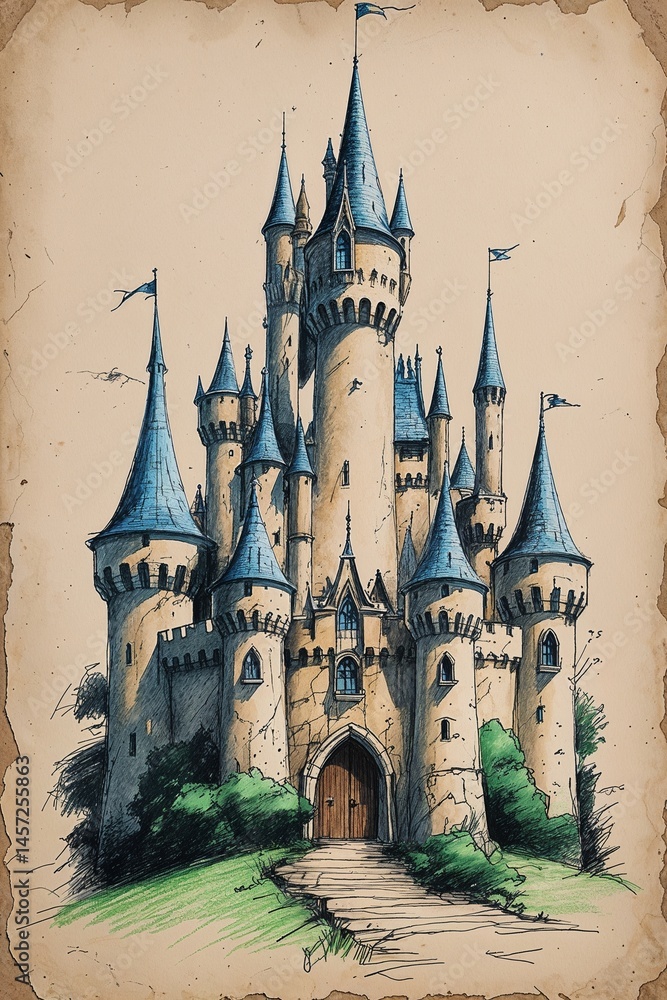 Obraz premium Intricate pencil-drawn fantasy castle showcasing vintage artistry and fine details against a pure white background.