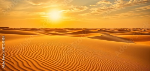 Golden dunes ripple under vast Moroccan sky, sun-drenched sands stretching to horizon,  golden hour, texture