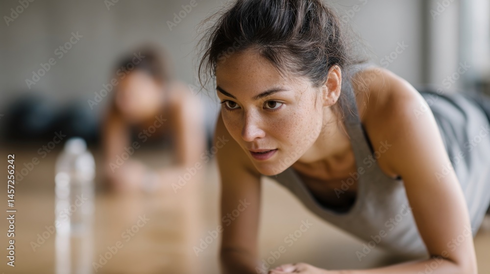 Athletic woman maintains plank position, demonstrating strength and endurance during workout session in fitness center, with another person exercising in background