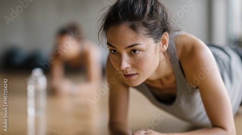 Obraz na płótnie Athletic woman maintains plank position, demonstrating strength and endurance during workout session in fitness center, with another person exercising in background w salonie