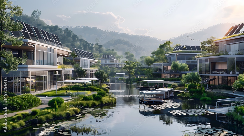 Obraz premium Technology smart village with interconnected sustainable homes