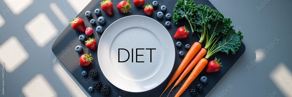empty plate with the inscription diet, different fruits and vegetables on the table