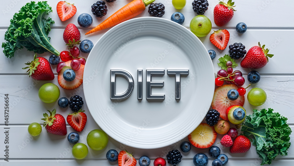 empty plate with the inscription diet, different fruits and vegetables on the table