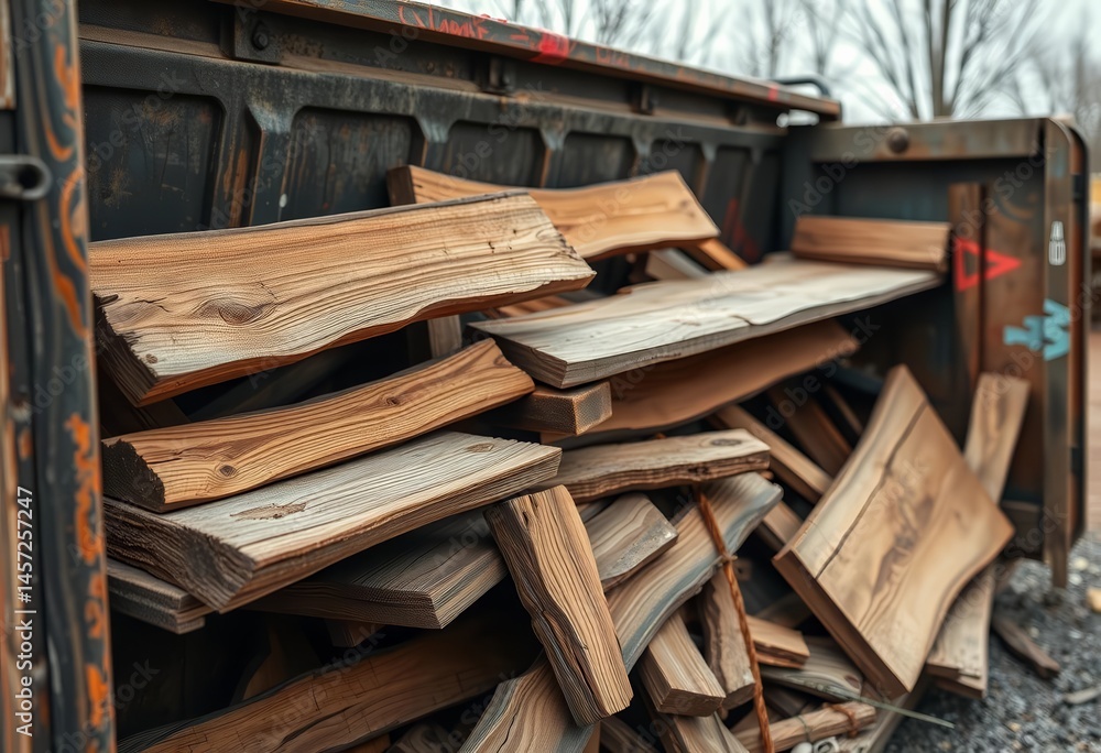Heavily weathered, broken wooden shelves discarded in a dumpster, worn wood, discarded shelves Heavily weathered, broken wooden shelves discarded in a dumpster, worn wood, discarded shelves