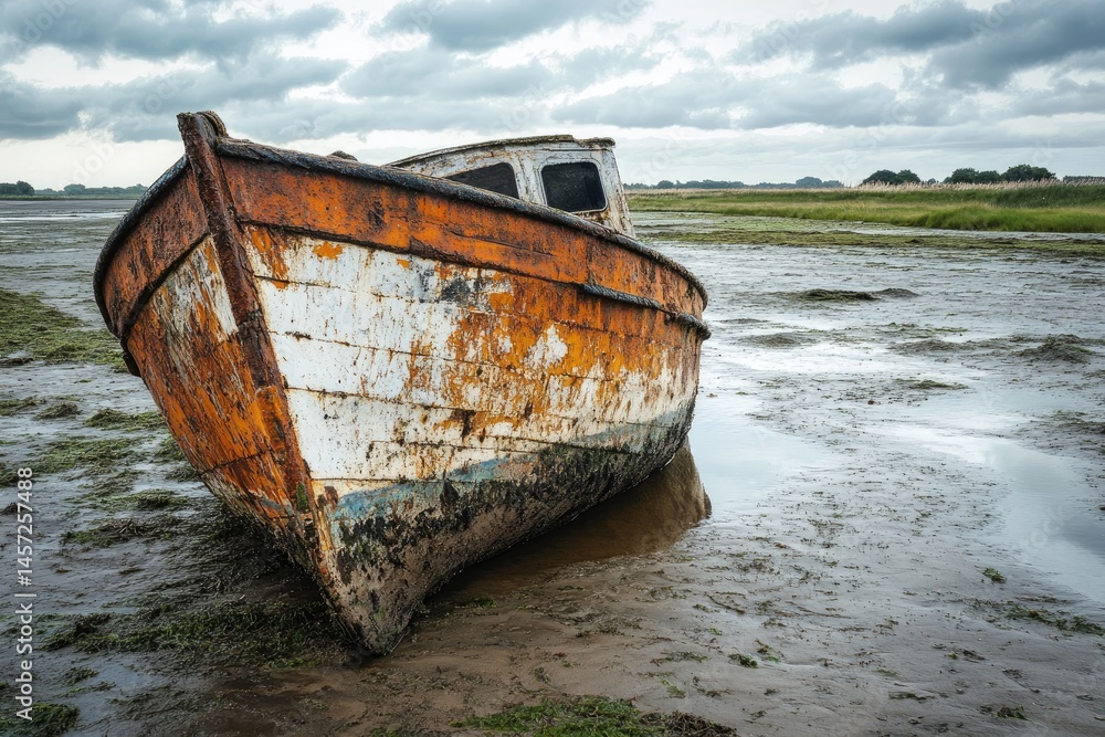 Abandoned fishing boat aground, weathered and rusted hull on muddy shoreline under a cloudy sky Abandoned fishing boat aground, weathered and rusted hull on muddy shoreline under a cloudy sky