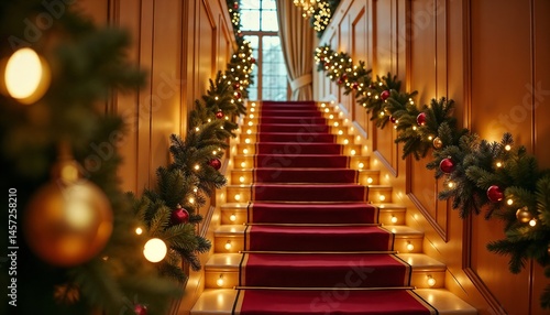 Ornate grand staircase red warm lighting for festive event