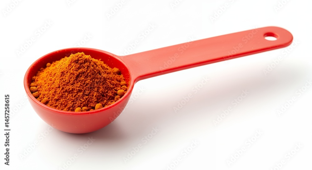 Red spice powder in measuring spoon Red spice powder in measuring spoon