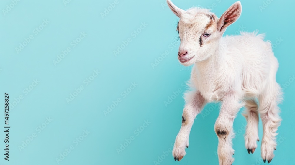Fototapeta premium Adorable baby goat leaping with copy space