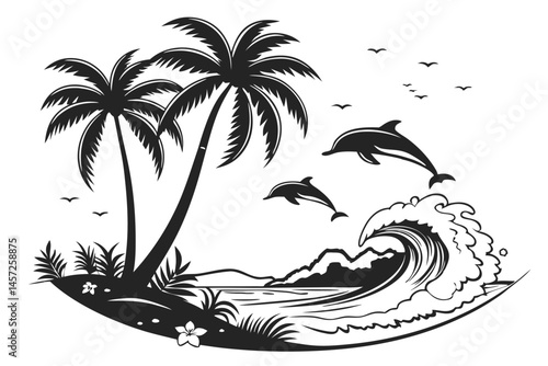 17 Tropical silhouette, palm trees, dolphins jumping, island scene, black and white, minimalist design, beach landscape, ocean waves, coastal artwork, vector illustration, symmetrical composition, pla