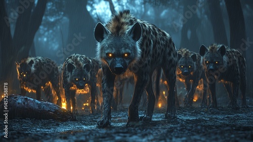 Pack of hyenas in a dark, eerie forest.