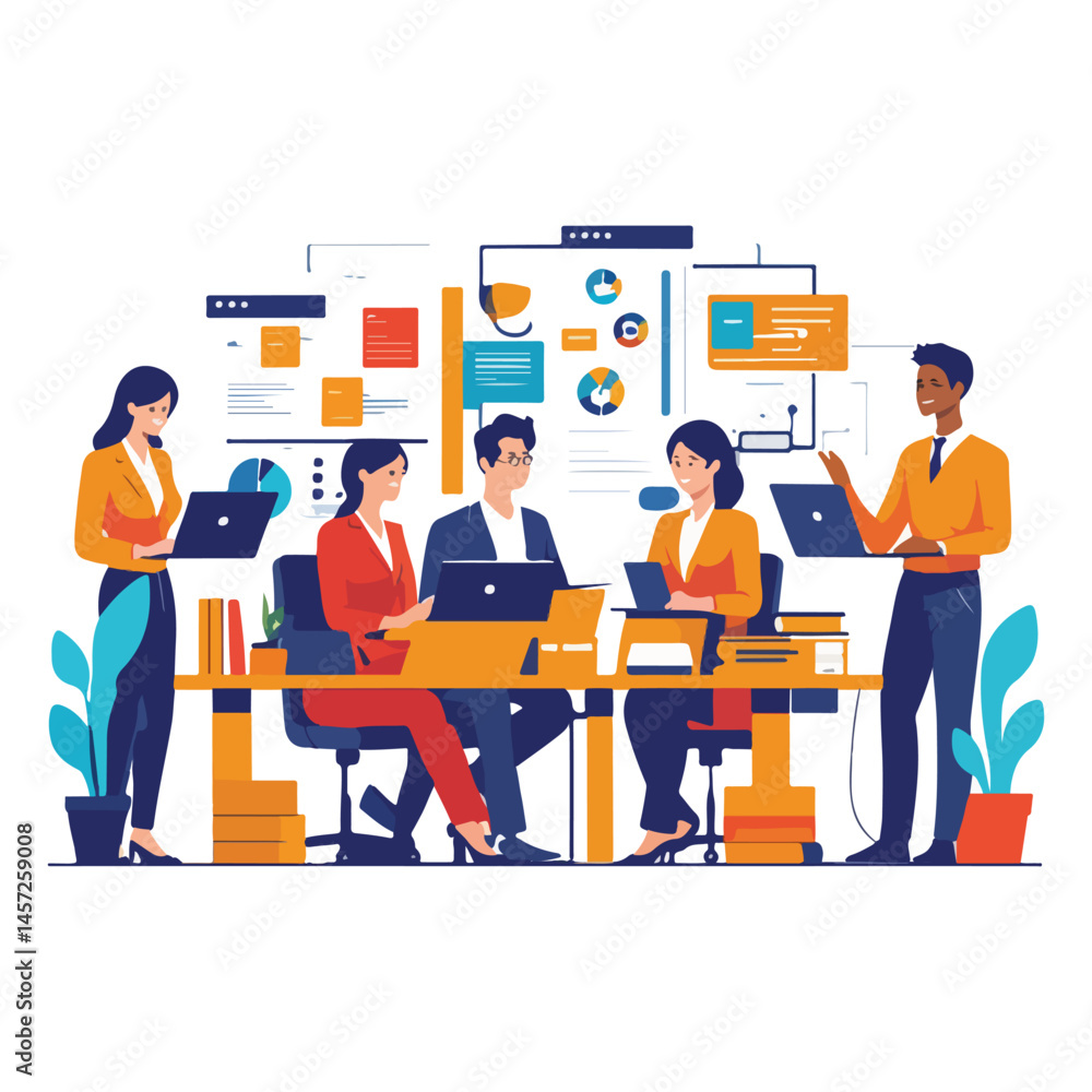 Coworking and Team Collaboration Vector Art - Shared Desks, Innovative Workspace, Team Productivity, Freelancer Spaces, Focused Work Environment, Professional Networking. Coworking and Team Collaboration Vector Art - Shared Desks, Innovative Workspace, Team Productivity, Freelancer Spaces, Focused Work Environment, Professional Networking.