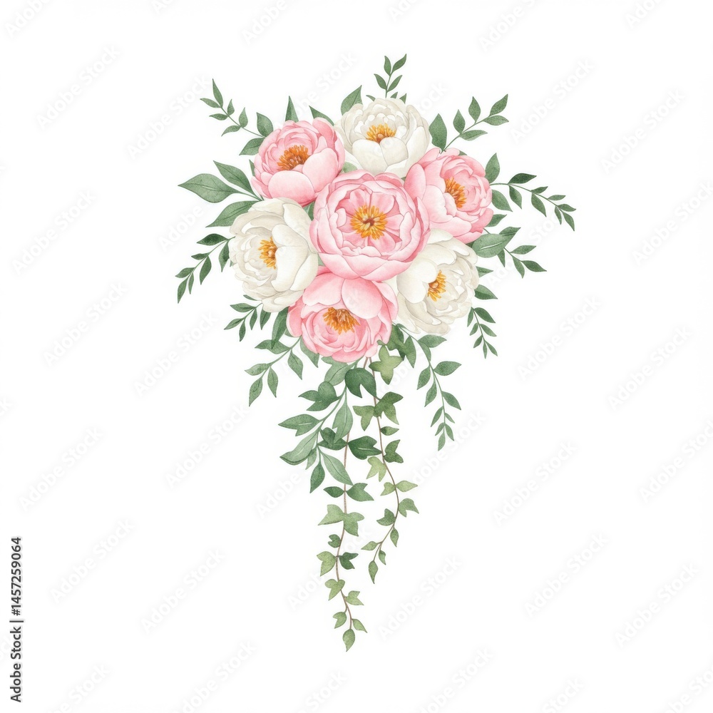 Obraz premium Watercolor Peony Bouquet with Pink and White Blooms