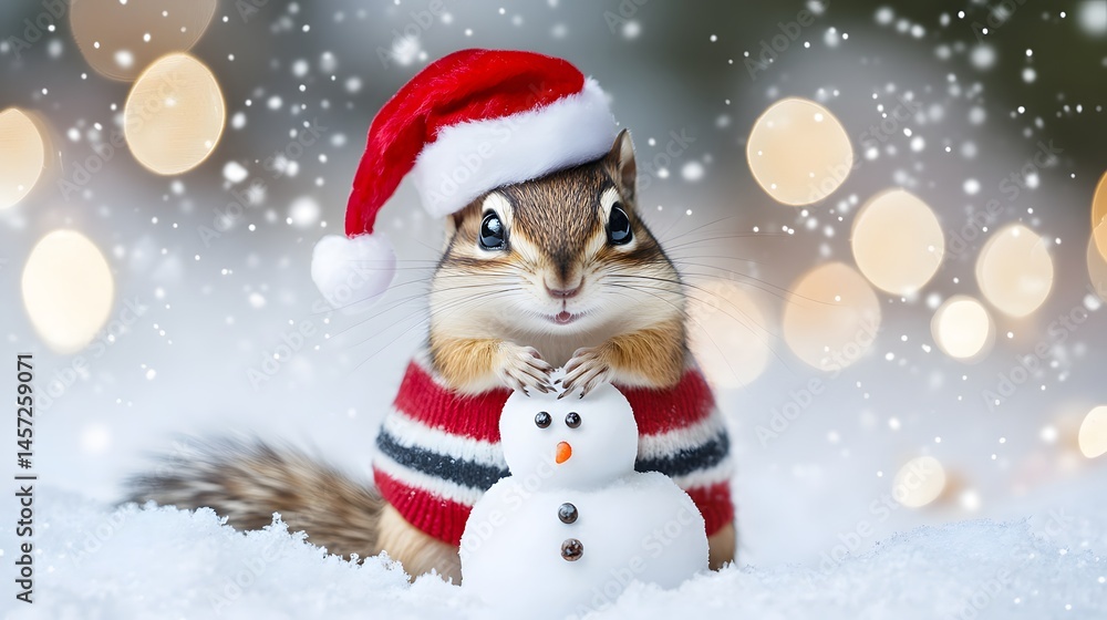 Festive chipmunk in a red sweater with a snowman. Festive chipmunk in a red sweater with a snowman.