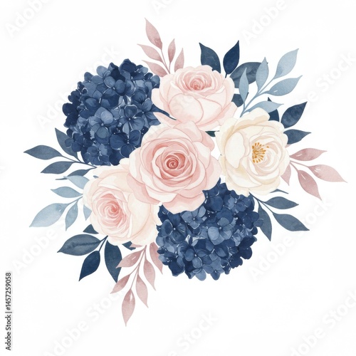 Watercolor Floral Bouquet Pink Roses Blue Hydrangea