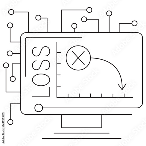 Icon of loss function in AI with a computer screen showing a downward loss curve and "LOSS" label, symbolizing error minimization in machine learning. Vector icon with editable thin black lines