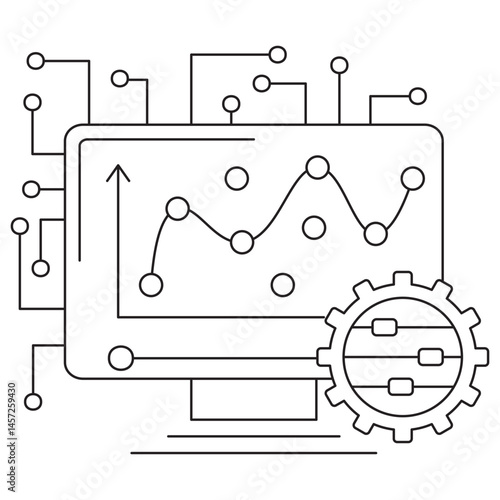 AI model fitting icon: computer screen with plotted curve, data points, and gear with sliders for parameter tuning. Vector pictogram, thin black lines, transparent background, editable line thickness