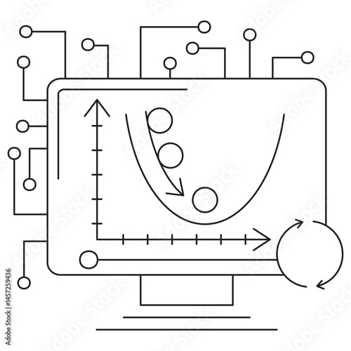 Icon of gradient descent in AI with a curved loss surface and descending points on a screen, symbolizing optimization in machine learning. Vector icon with editable thin black lines