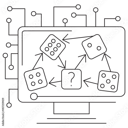 Icon of Bayesian network in AI with a screen showing interconnected dice and a question mark, symbolizing probabilistic inference and variable dependencies. Vector icon with editable thin black lines