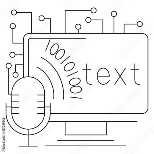 AI speech recognition icon: microphone, binary sound waves, "text" on screen. Vector pictogram, thin black lines, transparent background, editable stroke thickness