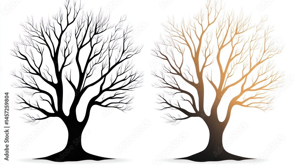 Obraz premium Silhouettes of bare trees side by side. One is black, the other is gradient brown to gold