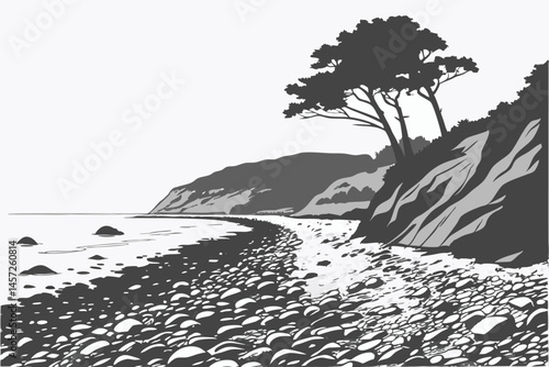 18 black and white landscape, rocky beach, pebbles and stones, monochrome shoreline, dramatic contrast, high-contrast photography, minimalist coastal scene, abstract nature, graphic silhouette, stark 
