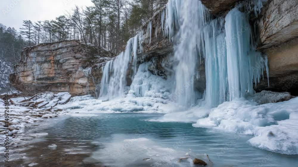 Frozen waterfall cascades over rock face into icy pool with snow-covered trees in winter landscape. Frozen waterfall cascades over rock face into icy pool with snow-covered trees in winter landscape.