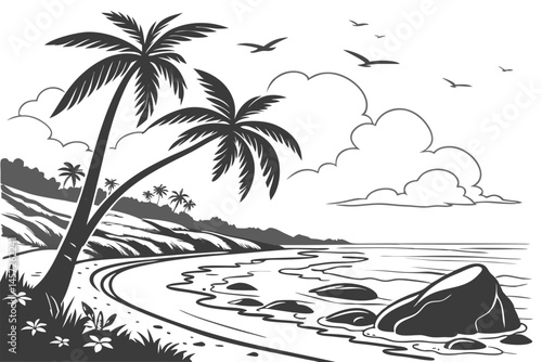 19 Beach landscape, tropical paradise, black and white illustration, palm trees, rocky shore, ocean waves, cloudy sky, silhouette, coastal scenery, minimalist design, tranquil atmosphere, line art, sc