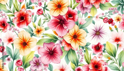 Delicate watercolor floral seamless pattern with vibrant blooms and lush greenery, botanical, floral background