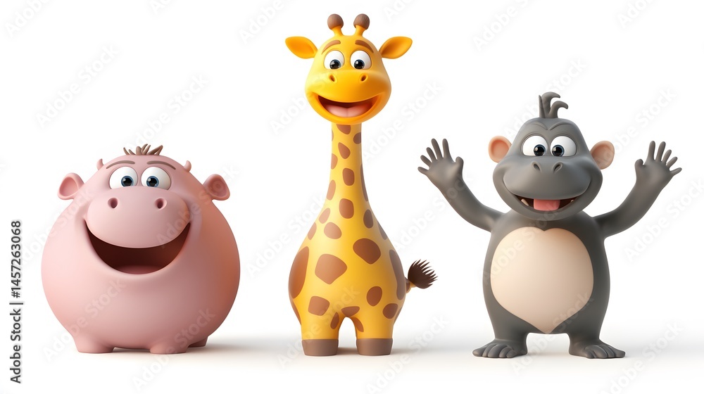 Fototapeta premium Three cartoon animals in a playful arrangement against a plain background.