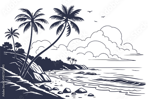 19 Beach landscape, tropical paradise, black and white illustration, palm trees, rocky shore, ocean waves, cloudy sky, silhouette, coastal scenery, minimalist design, tranquil atmosphere, line art, sc