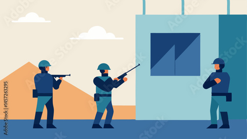 Holding Back the Line A depiction of officers stationed outside the building providing support with one officer communicating with command through a radio while others are aiming