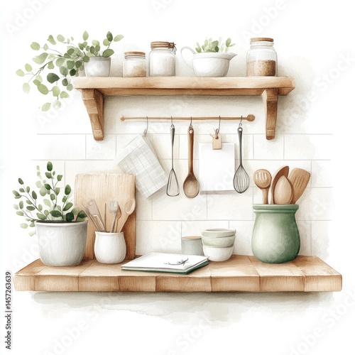 Wooden shelf adorned with various kitchen utensils and containers is the focal point of this image.
