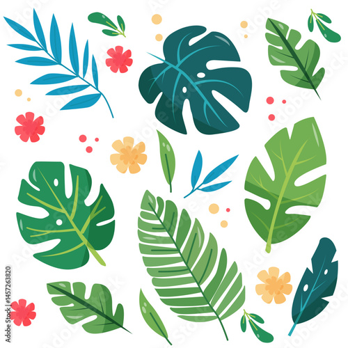 Set of tropical plants on a white background