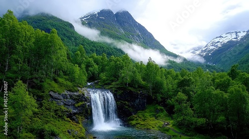 Serene Waterfall Cascading Down Majestic Mountains in Norway
