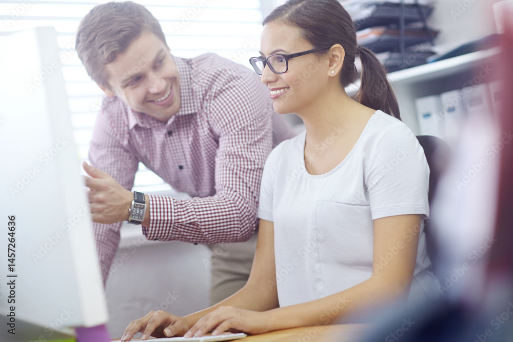 Fototapeta premium Business people help, talking and point at computer for teamwork, problem solving and solution in office. Smile, manager man and girl with show pc screen for internship training, new job and support