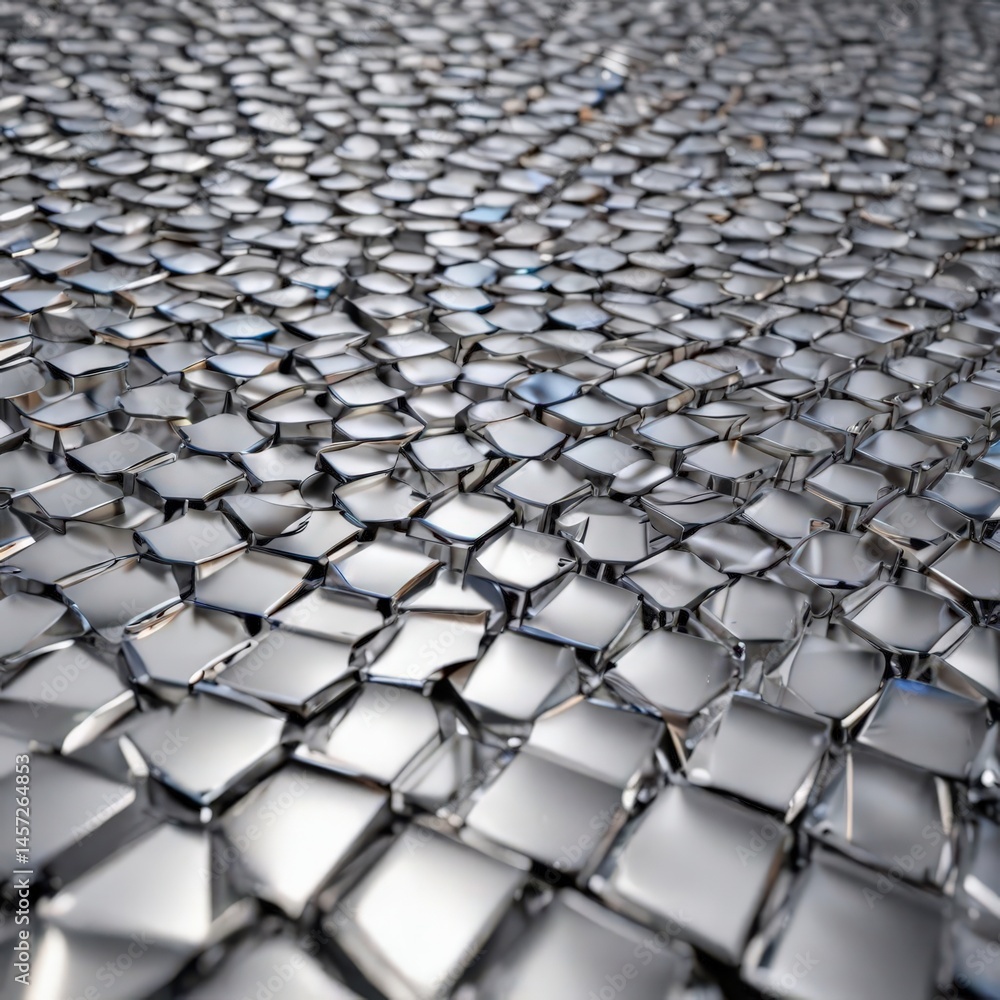 Naklejka premium Reflective silver geometric grid, polished metallic texture, chrome, bright, reflective