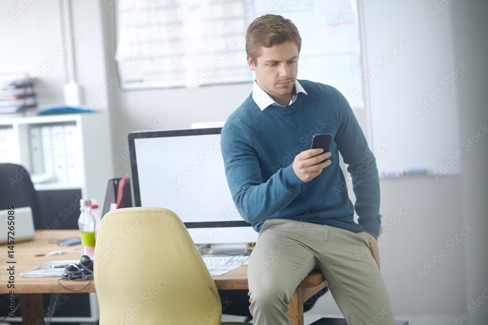 Fototapeta premium Business, office and man at desk, cellphone and typing with social media, online reading and digital app for texting. Person, mobile user and consultant with smartphone, message for contact and email