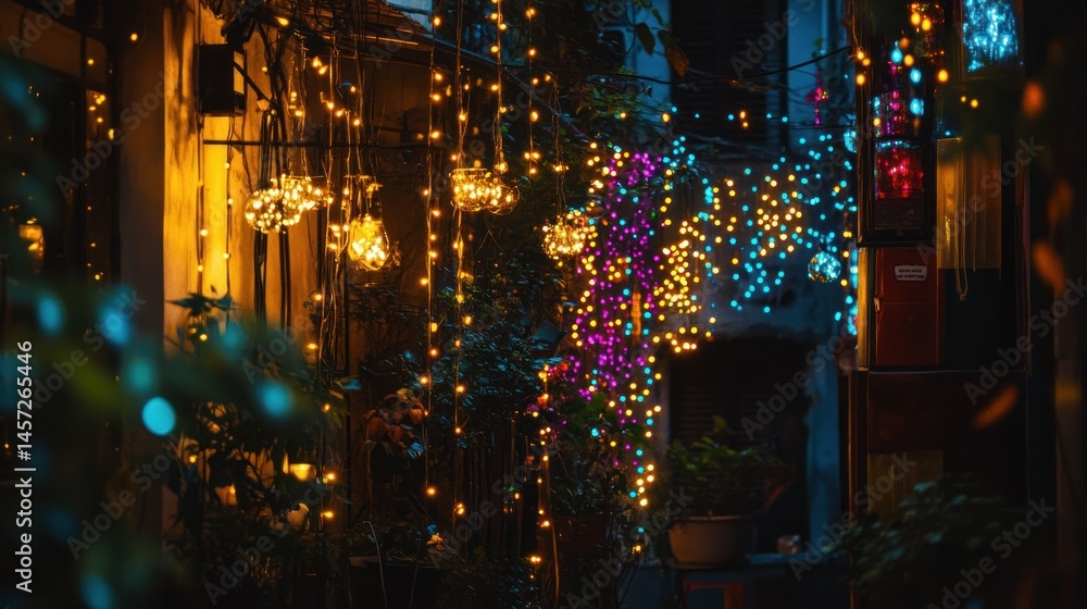 Naklejka premium Colorful string lights decorate the outdoor of a building at night