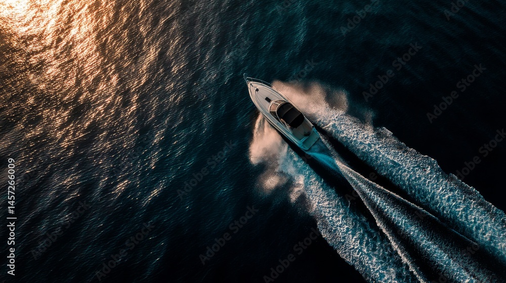 Obraz premium Sports boat speeding across the blue sea at sunset in a summer aerial view.