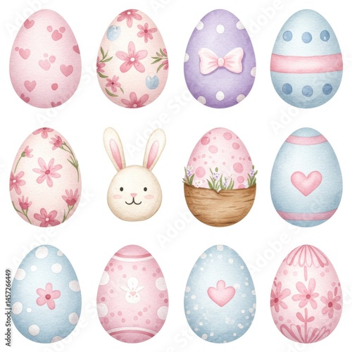 Pastel Watercolor Easter Eggs and Bunny Illustration
