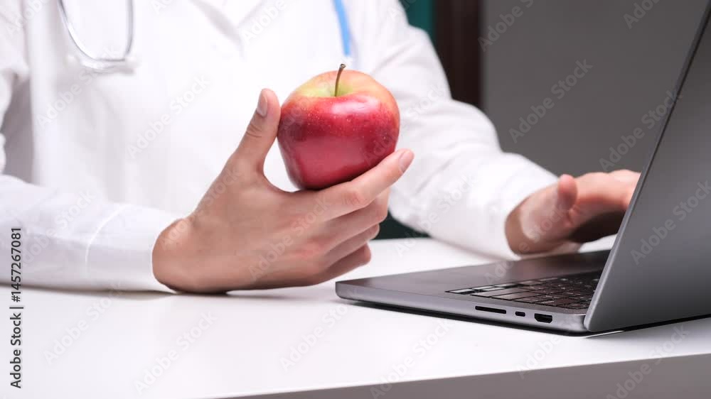 Doctor holding red apple and typing on laptop promoting healthy lifestyle