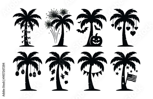 Festive palm tree silhouettes icon set – halloween, christmas, independence, easter, celebration. Vector icons set