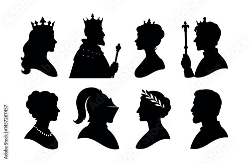Regal silhouette icons set – king, queen, crown, royalty, monarchy, noble, leader, ruler, scepter. Vector icons set
