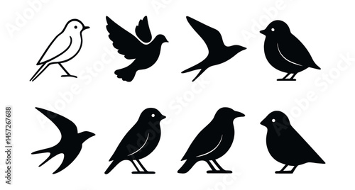 Minimalist bird silhouette icons set – sparrow, dove, swallow, finch, robin, flight, birdwatching. Vector icons set