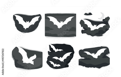 Night gliding bats icons set – silhouettes, moon, clouds, nocturnal scenes. Vector icons set