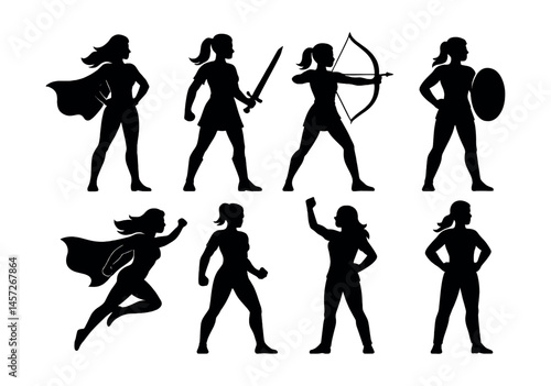 Heroic woman silhouettes icons set: superhero, warrior, archer, shield, sword, fight. Vector icons set