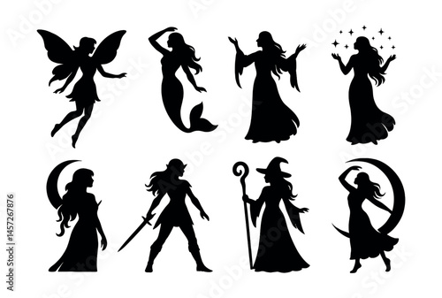 Mystical silhouette icons set – fairy, mermaid, wizard, sorceress, warrior, shaman, enchantress. Vector icons set