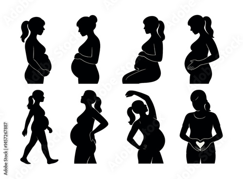 Pregnant silhouette icons set – maternity, gestation, women, motherhood, expecting, belly, health. Vector icons set