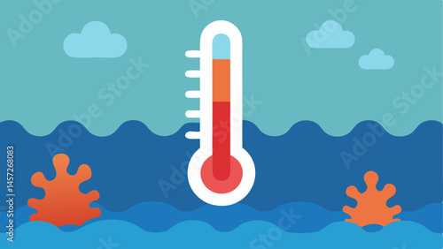 Climate Change A thermometer rising out of the ocean with coral reefs in the background displaying signs of stress like faded colors and fewer fish.